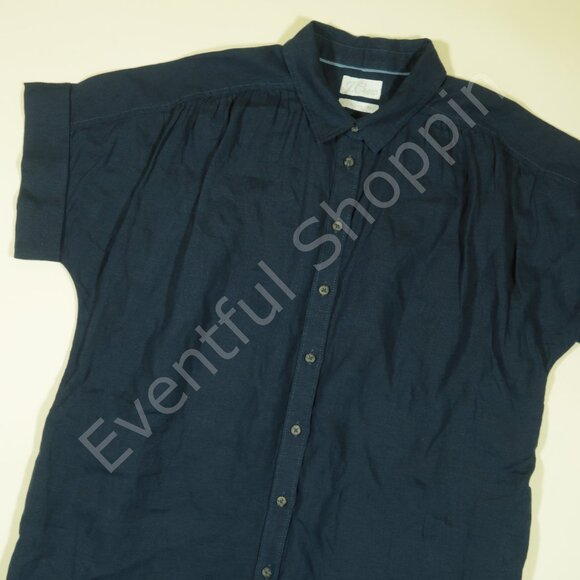 J. Crew Dresses & Skirts - J Crew Linen Shirt Dress Womens L Navy Blue Relaxed Short Sleeves Midi